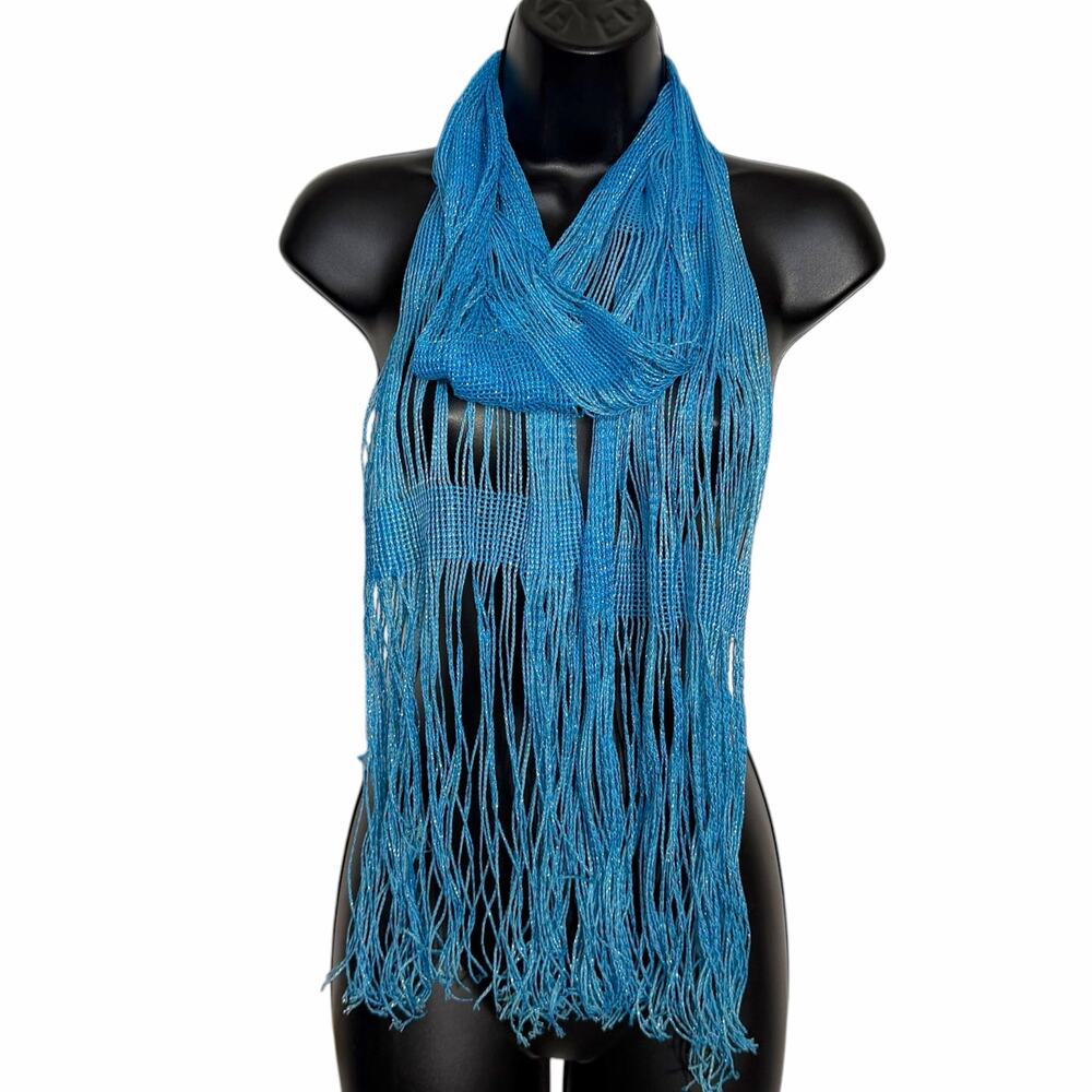 VTG Y2K Metallic Blue Fringe Scarf Sparkle Shimmer Long Open Weave Mermaid Fairy